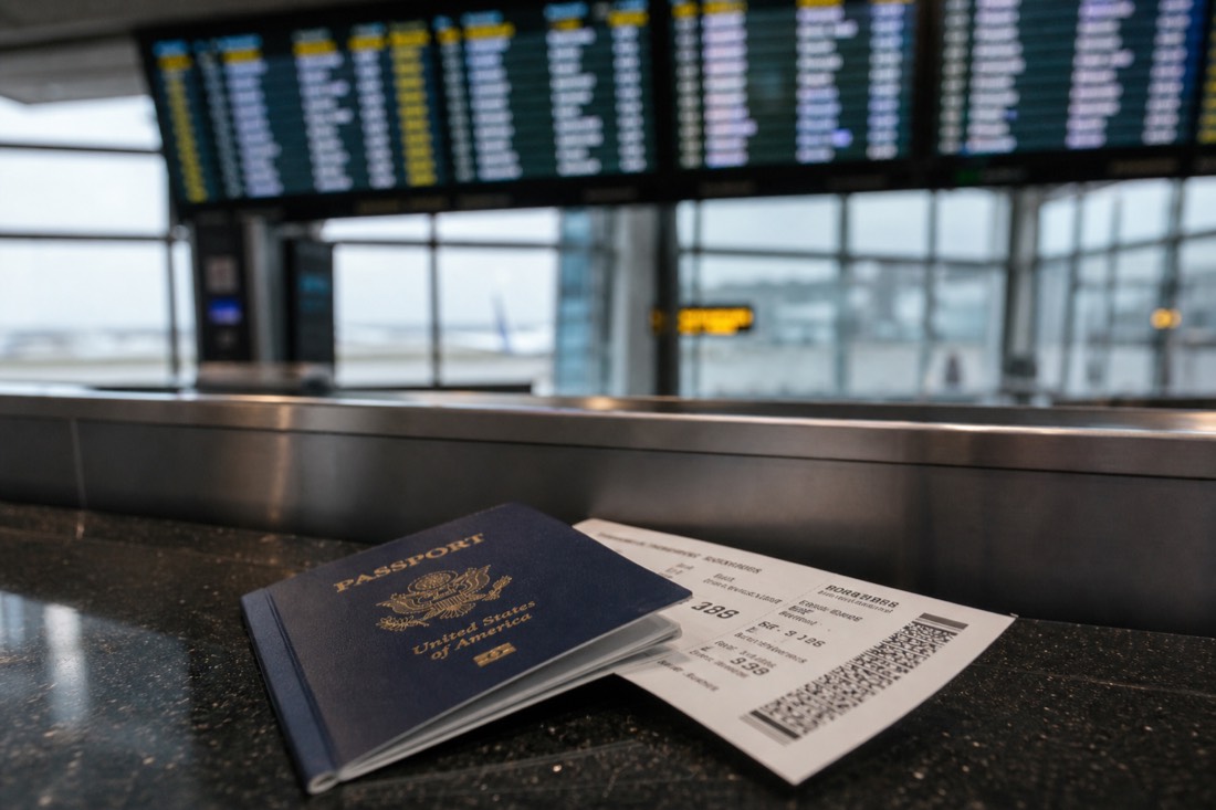 US passport and printed boarding pass on an airline check-in counter with a departures board blurred behind