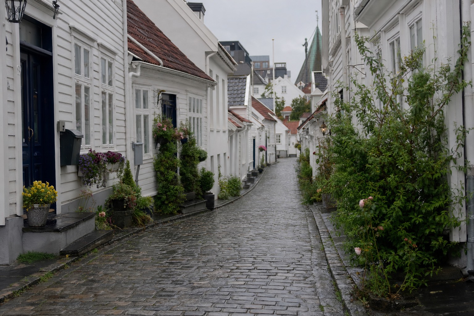 Narrow cobbled lane lined with white-painted wooden houses and flower boxes in Stavanger's old quarter