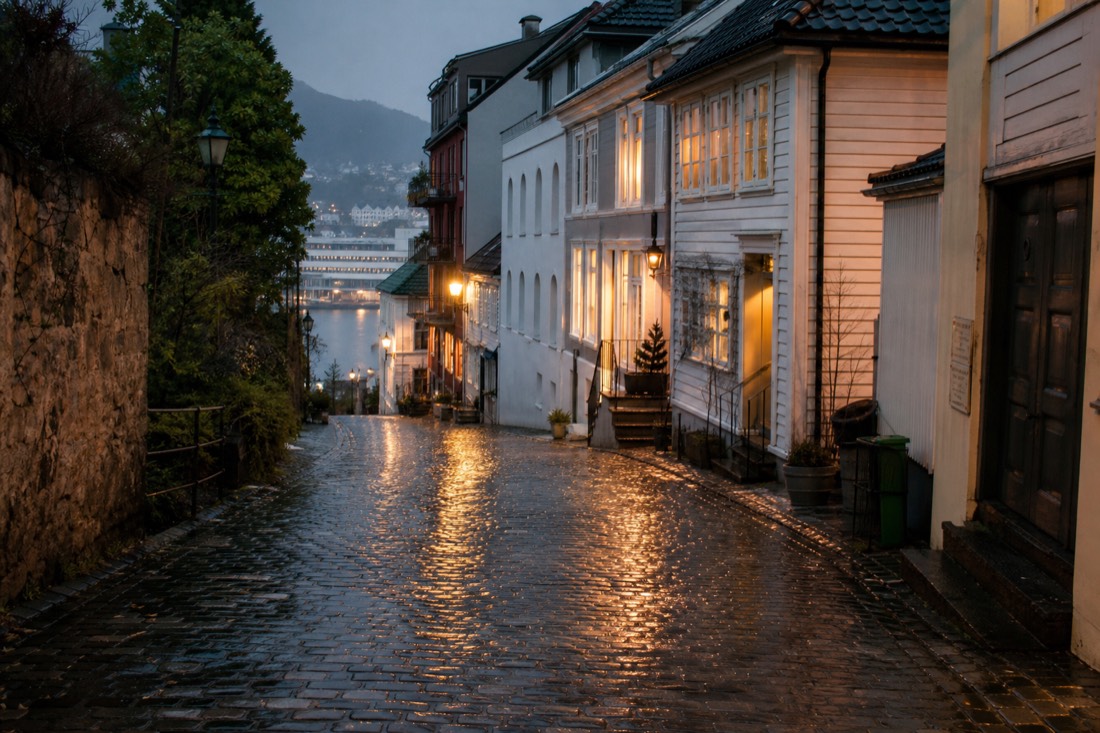 Rain-slicked cobblestones reflecting shop lights along a narrow street in a Norwegian city at dusk