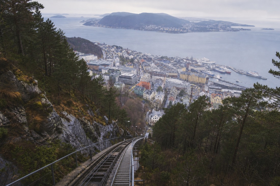 Steep funicular track climbing through pine woods above a harbour town with islands beyond