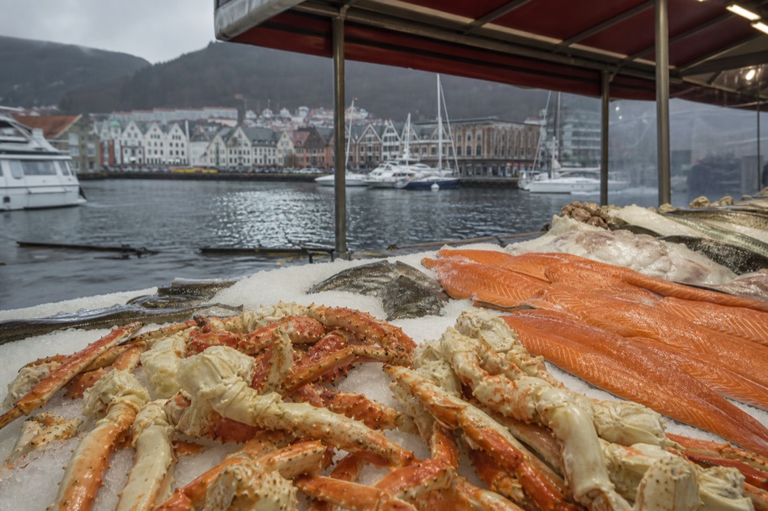 Bergen fish market stall with king crab legs and salmon on crushed ice under a canopy by the harbour