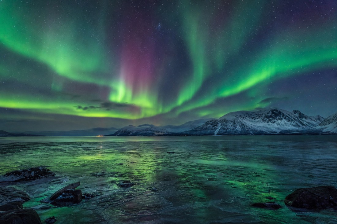 Green and violet northern lights rippling over a frozen inlet near Tromso with mountain silhouettes