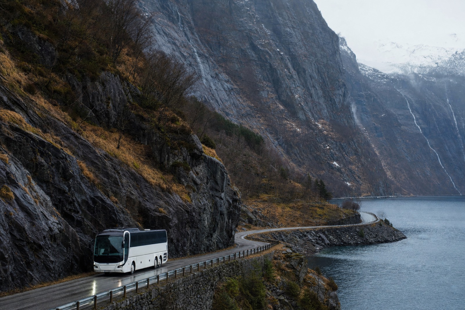 A winding fjord-side road with a touring coach passing beneath towering cliffs in western Norway