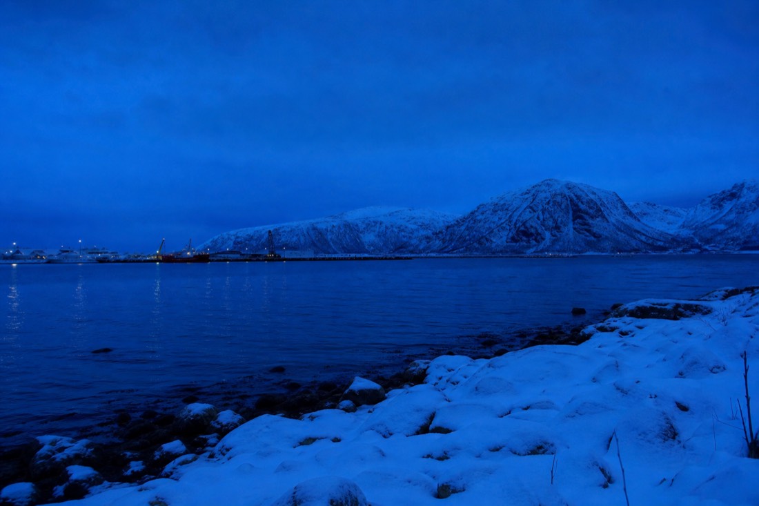 Deep blue midday twilight over a snowy Arctic harbour with mountains behind the water