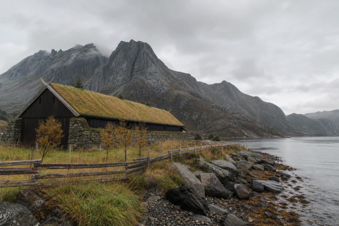 Turf-roofed Viking longhouse beside a fjord shoreline with wooden fences and grey mountains behind