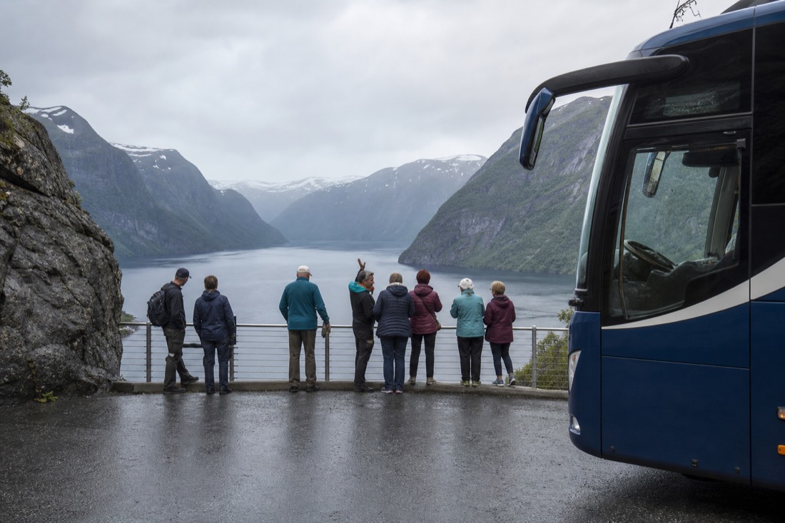 A small group of travellers with a guide standing at a fjord viewpoint railing beside a parked touring coach