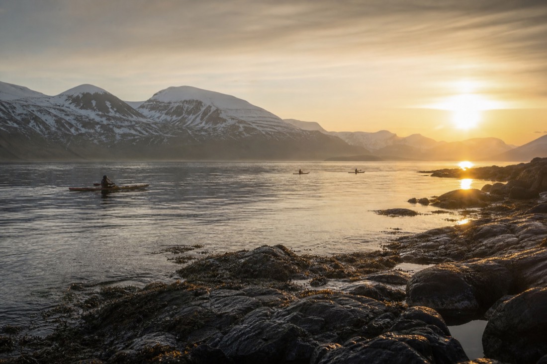 Kayakers on flat fjord water near Tromsø under golden midnight sun with snow still on the high ridges